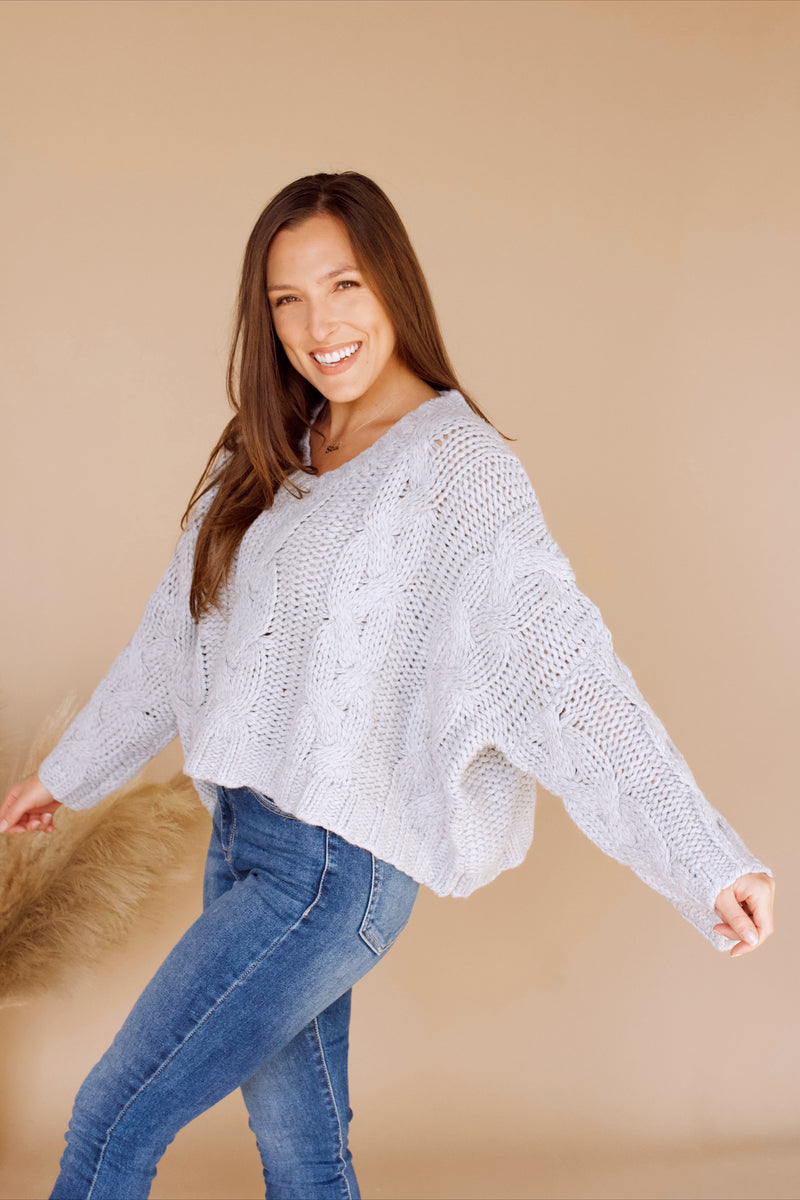 Chelsey Cable Knit Sweater- Pale Blue