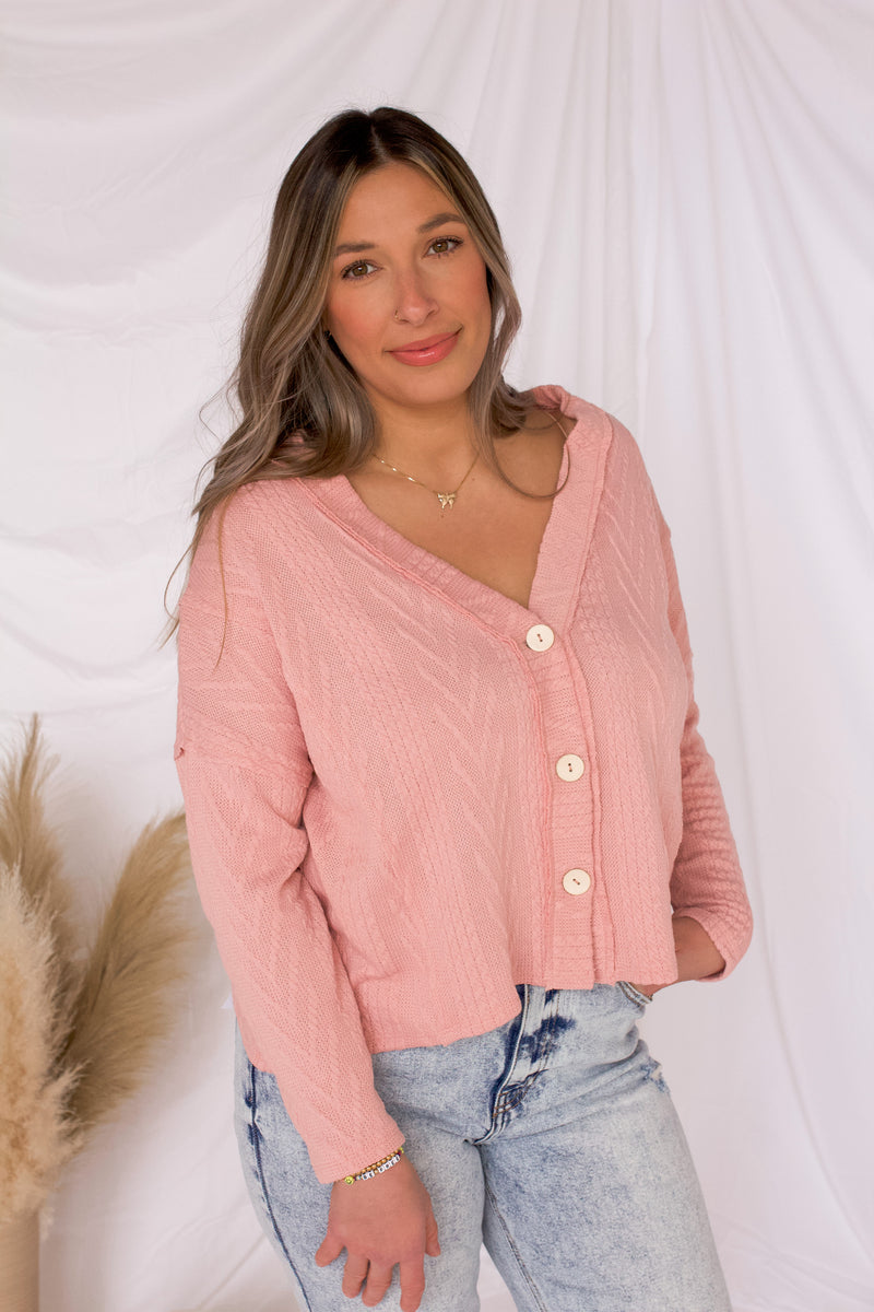 Banks Cropped Knit Cardigan- Light Pink
