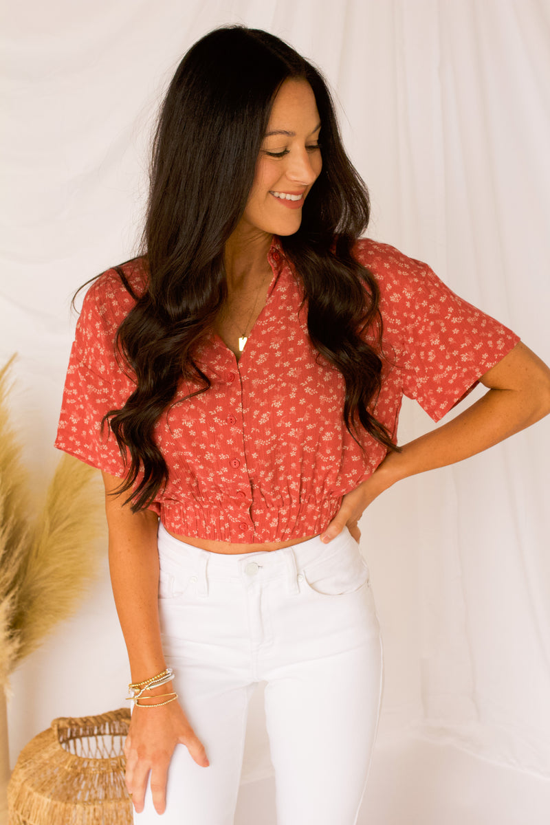 Keep Your Cool Cropped Blouse- Rust