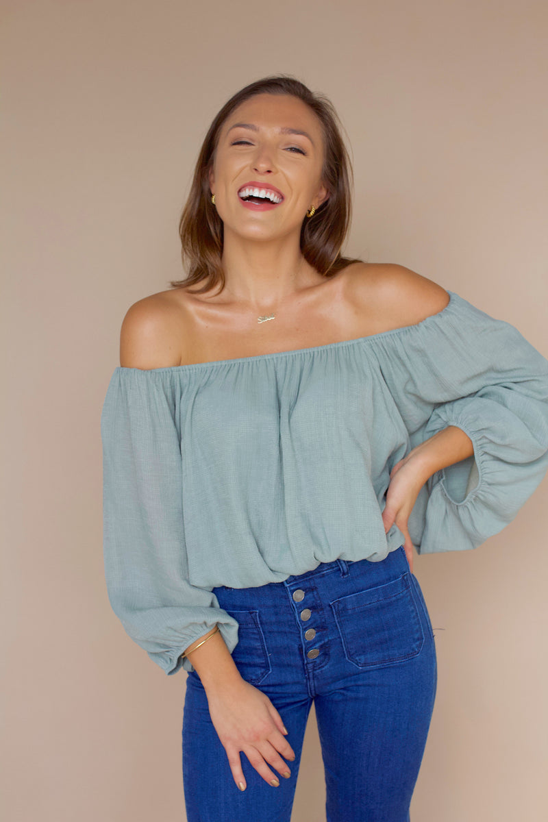 Come And Go Off The Shoulder Top- Sage