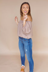 Come and Go Off The Shoulder Top- Taupe