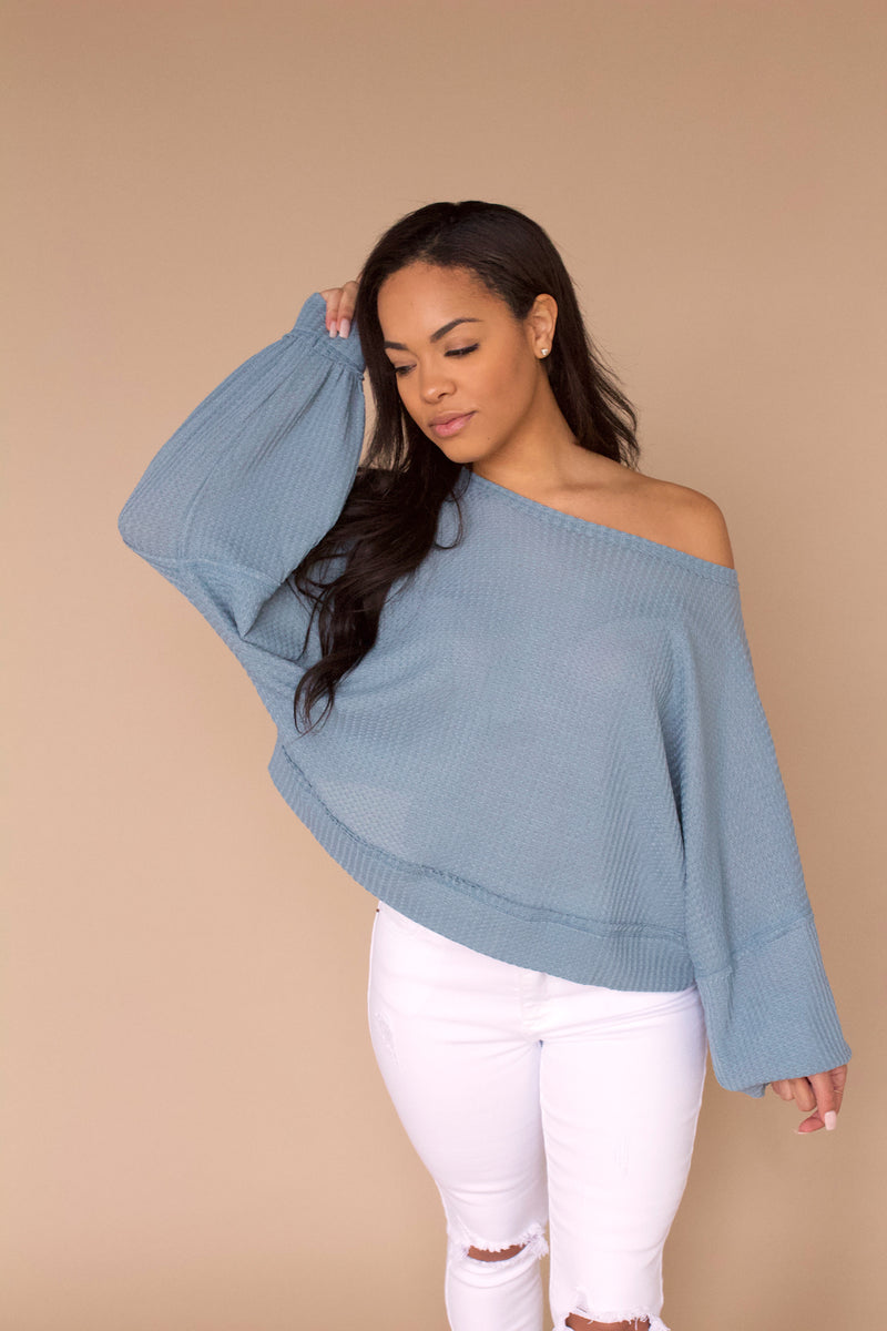Let’s Catch Up Waffle Knit Top- Dusty Blue