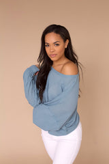 Let’s Catch Up Waffle Knit Top- Dusty Blue