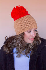 Dylan Oversized Pom Beanie- Neon Coral/Camel