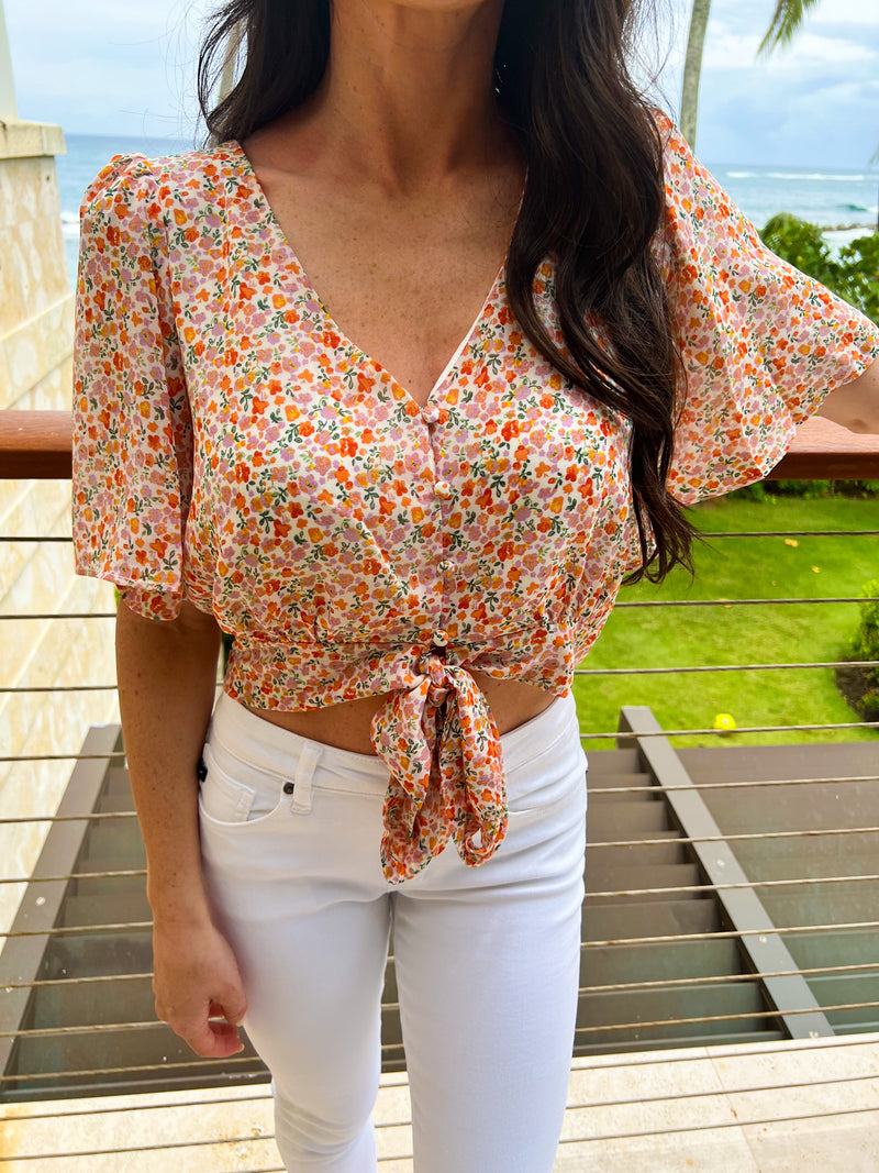 Fresh As A Daisy Tie-Front Blouse- Multi