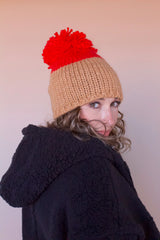 Dylan Oversized Pom Beanie- Neon Coral/Camel