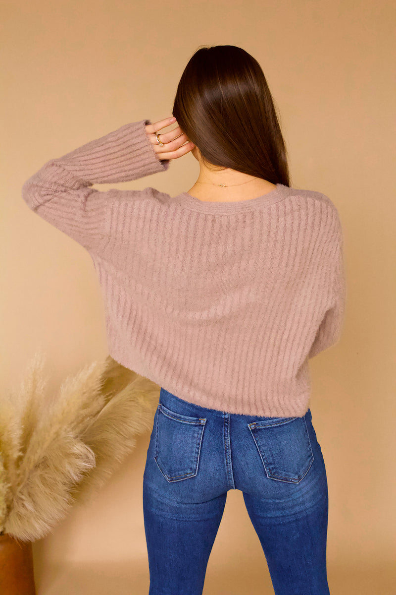 Layne Cropped Fuzzy Cardigan Sweater- Mocha