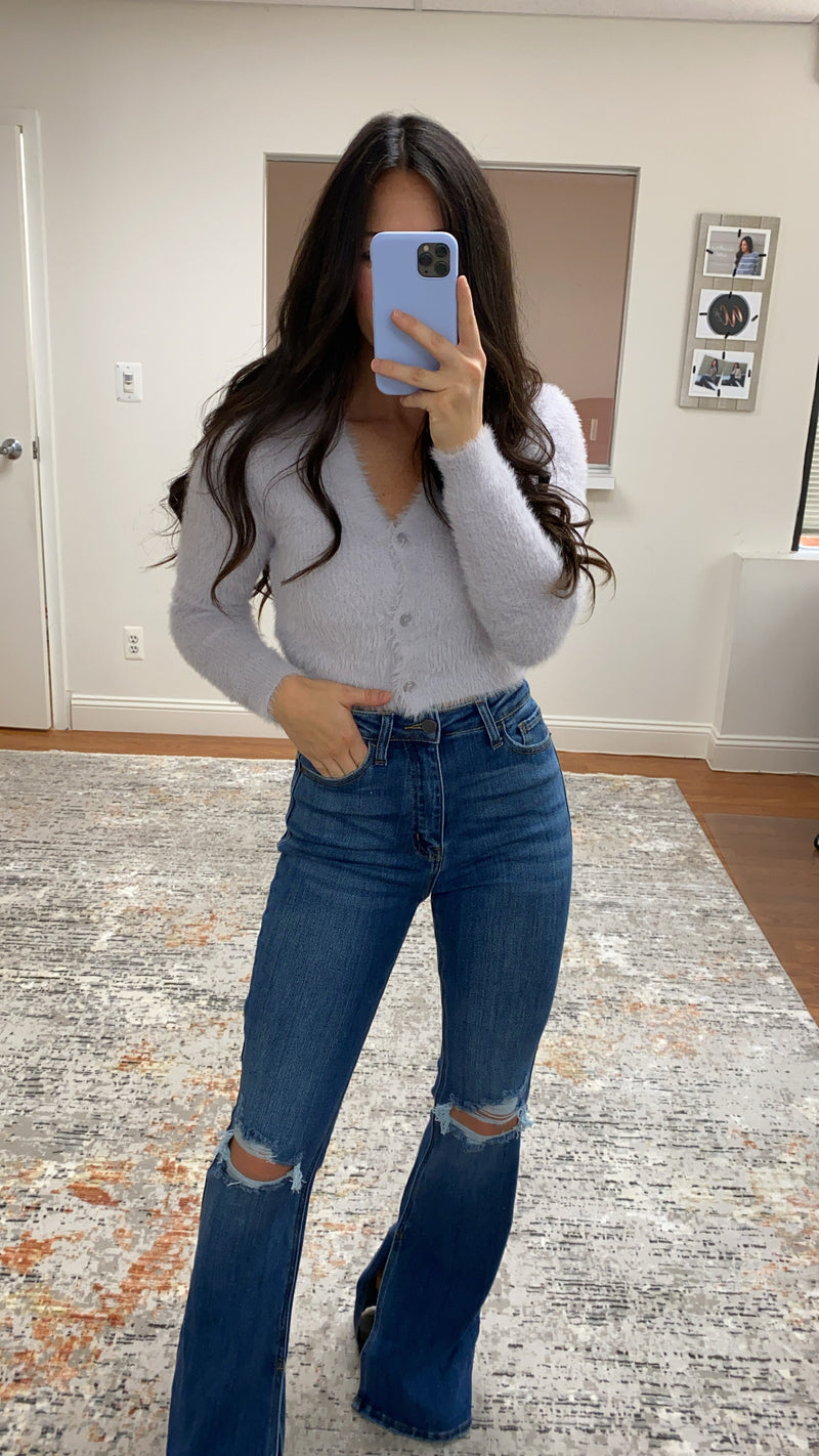 Ash Fuzzy Cropped Cardigan- Lilac Grey